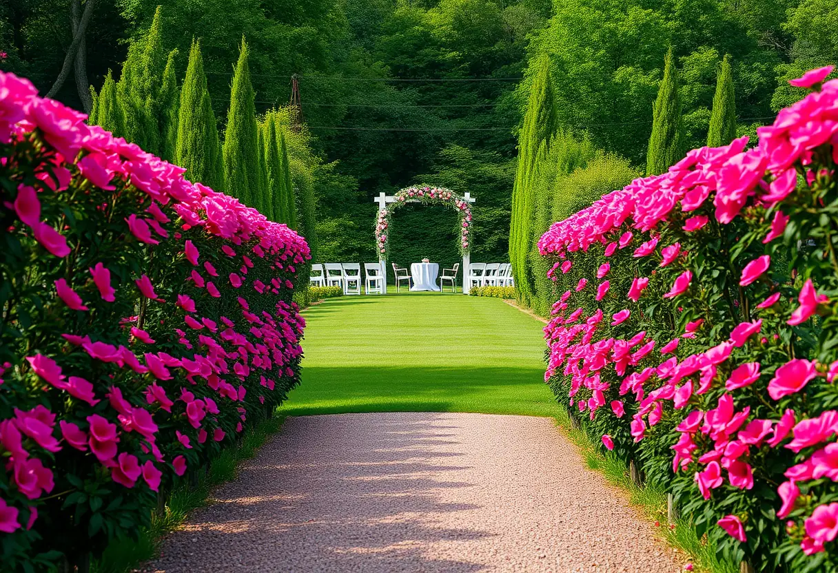 Chemin de jardin bordé de fleurs roses vifs menant à une salle de réception