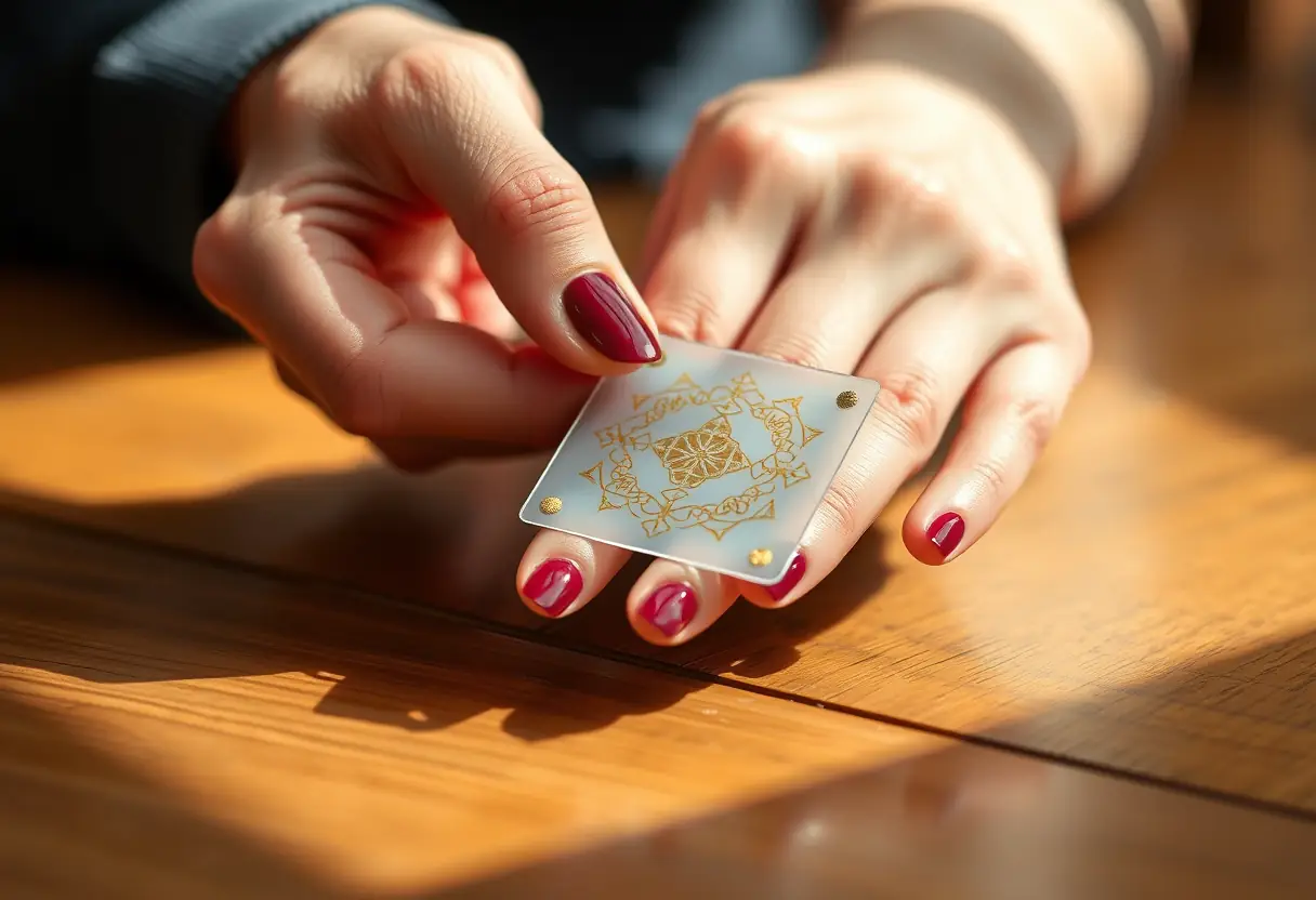 Un pochoir finement gravé doré posé sur une table de salon de manucure