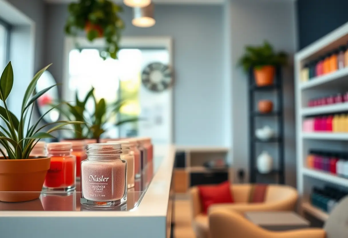 Une étagère dans un salon de manucure avec des bocaux de vernis colorés, dont un rose poudré