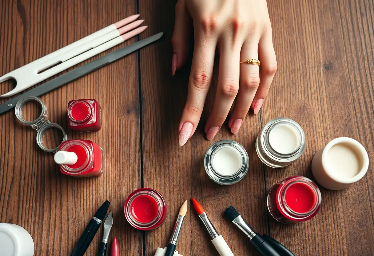 Main qui choisit un pinceau parmi divers outils de soins des ongles sur une table en bois