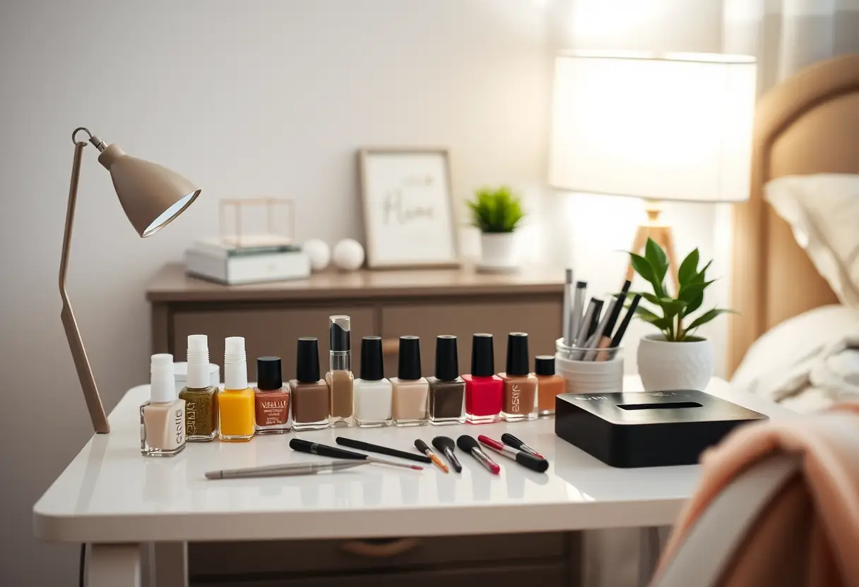 Table de chevet de la future mariée avec ses outils de manucure et ses vernis clairs