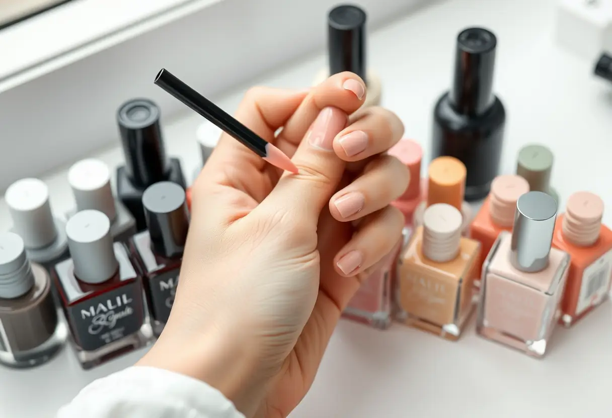 Un esthéticien applique une teinte rose pâle sur un ongle en coiffeur, entre des bouteilles de polishes