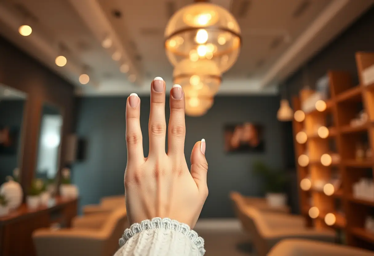 Cliente examinant ses ongles recouverts de gel dans un salon de nail art