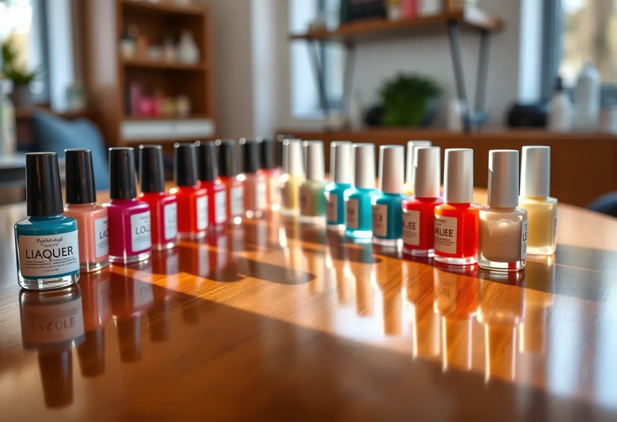 Des pots de vernis à ongles sur un bureau en bois clair