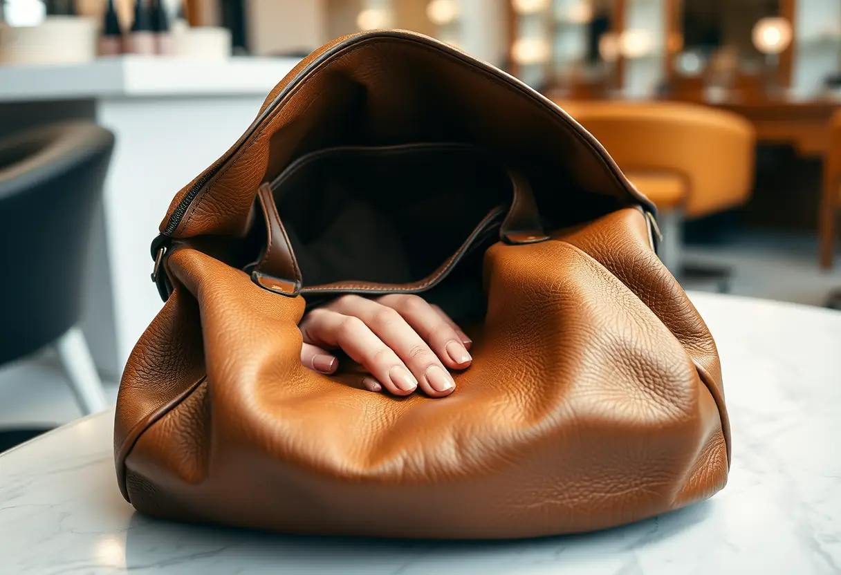 Un sac en cuir usé ouvert sur une table chez une esthéticienne, révélant des ongles bien entretenus en nude