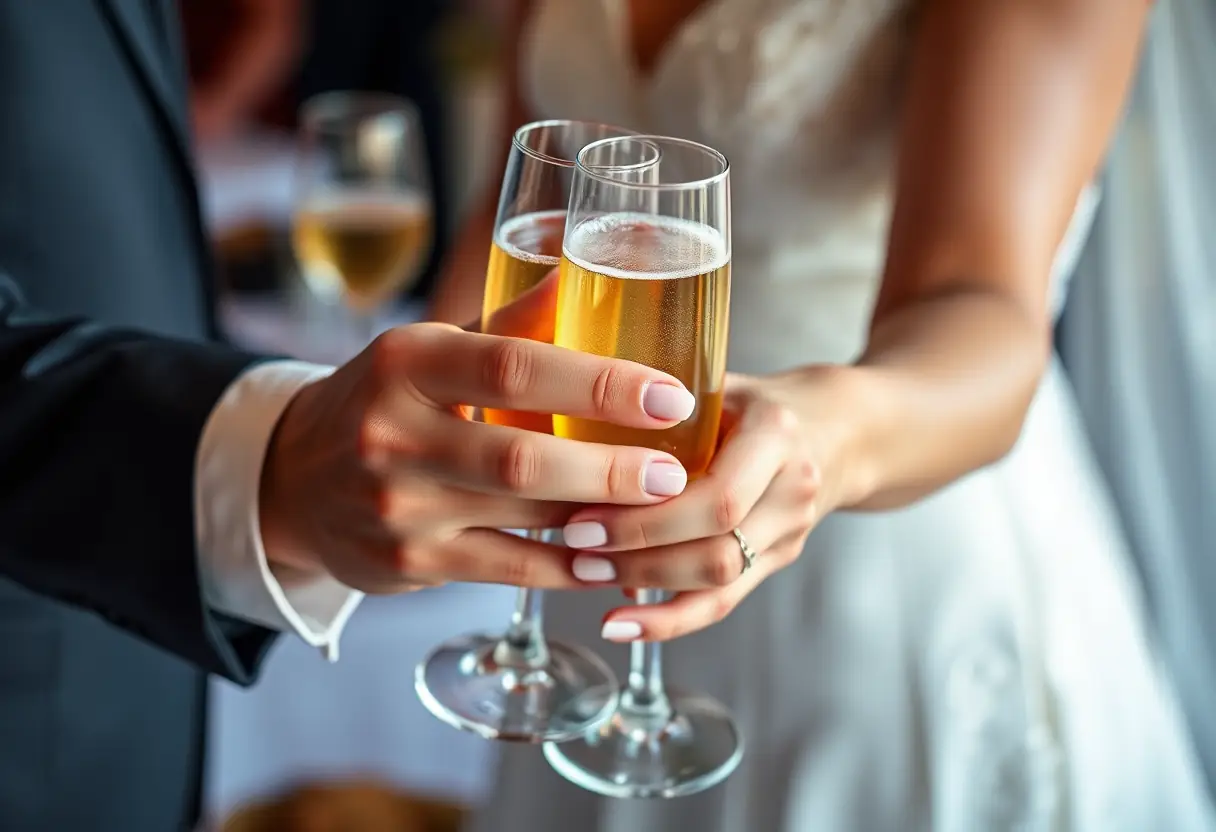 Des mains tenant un verre de champagne lors d'une réception de mariage, les ongles ornés d'un design de French tip subtil