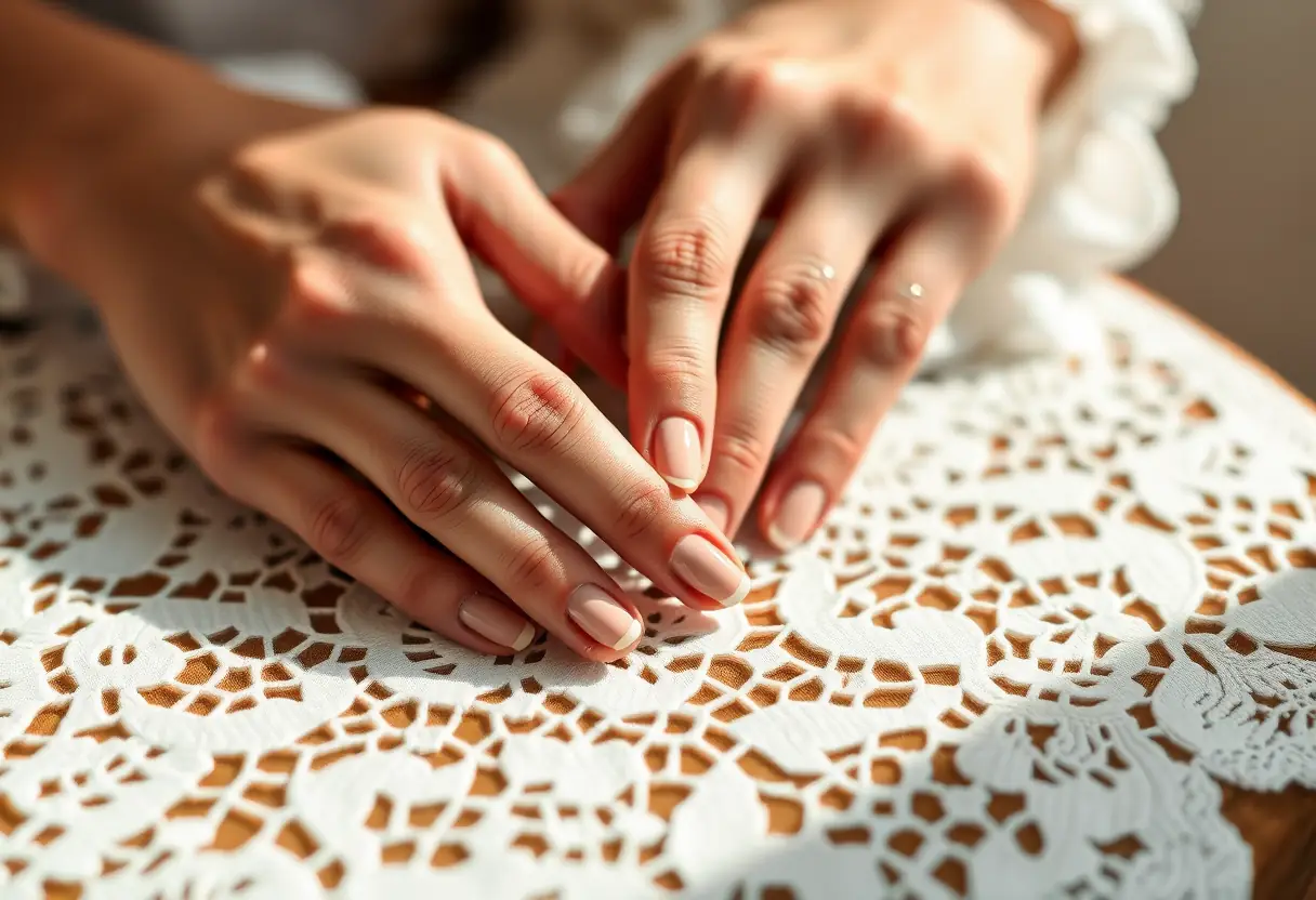 Mains bien entretenues reposant sur une nappe dentelée