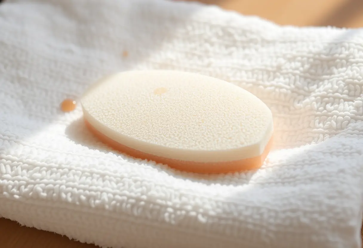 Un tampon à ongles posé sur un linge blanc, taché de polychrome beige et blanc, Pont-Remy