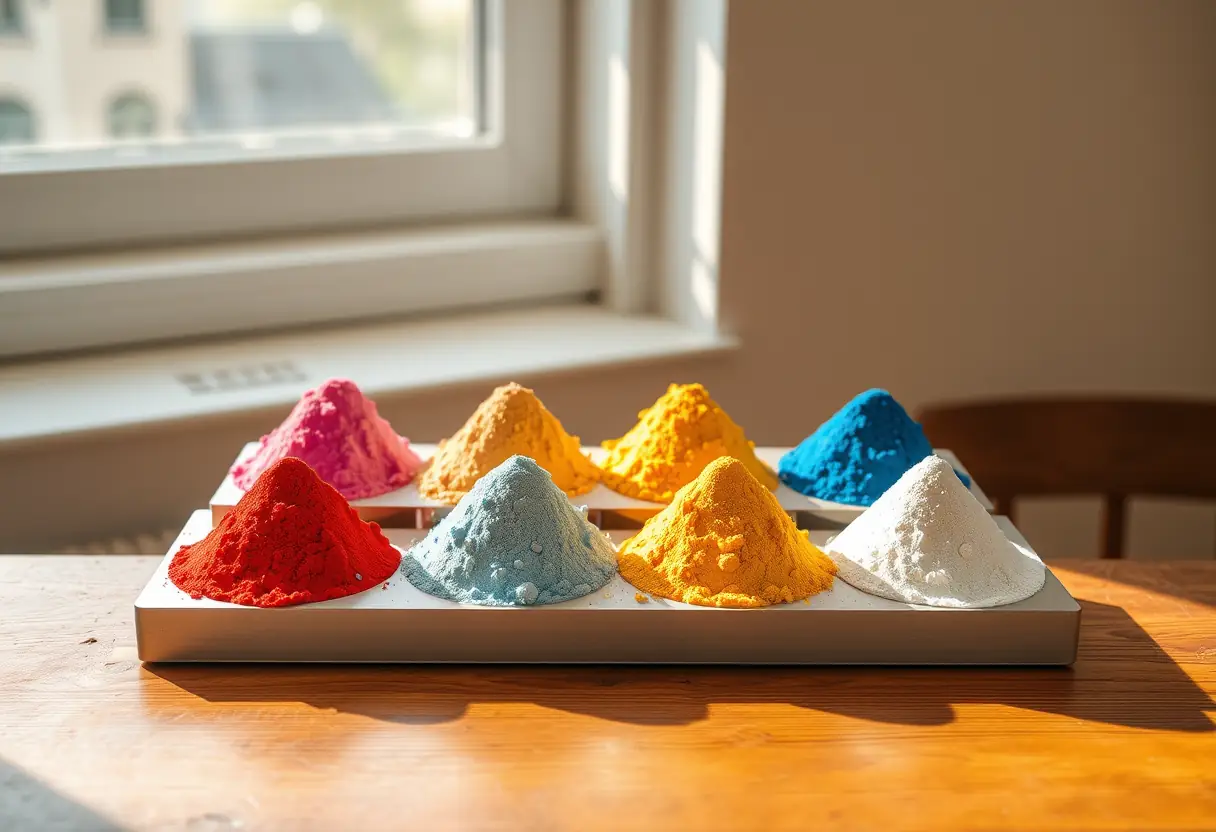Des poudres acryliques bien rangées dans différentes couleurs sur une table en bois