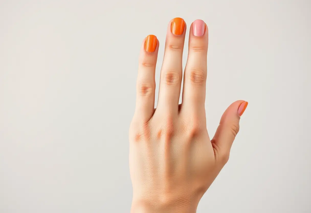 Clientèle admirant ses ongles colorés avec dégradés orangés et roses