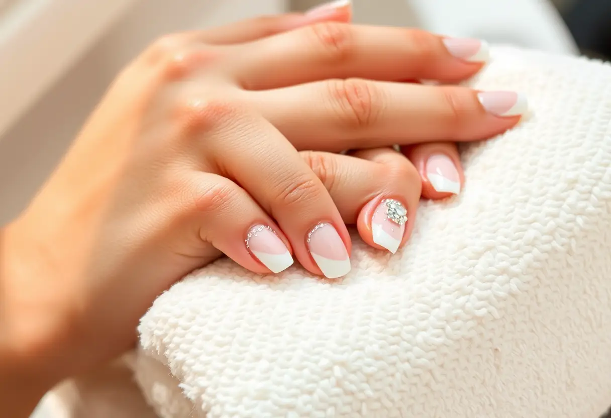 Ongles baby boomer paillettes sur une main féminine dans un salon de coiffure