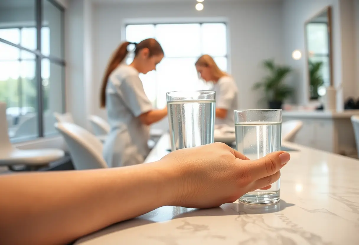 Main de cliente tenant un verre d'eau pendant qu'une technicienne travaille ses ongles au salon