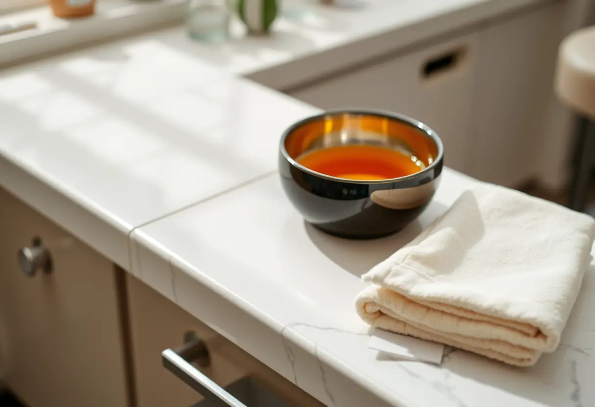 Un bac d'eau chaude et un kleenex plié près d'une station de manucure en salon d'ongles
