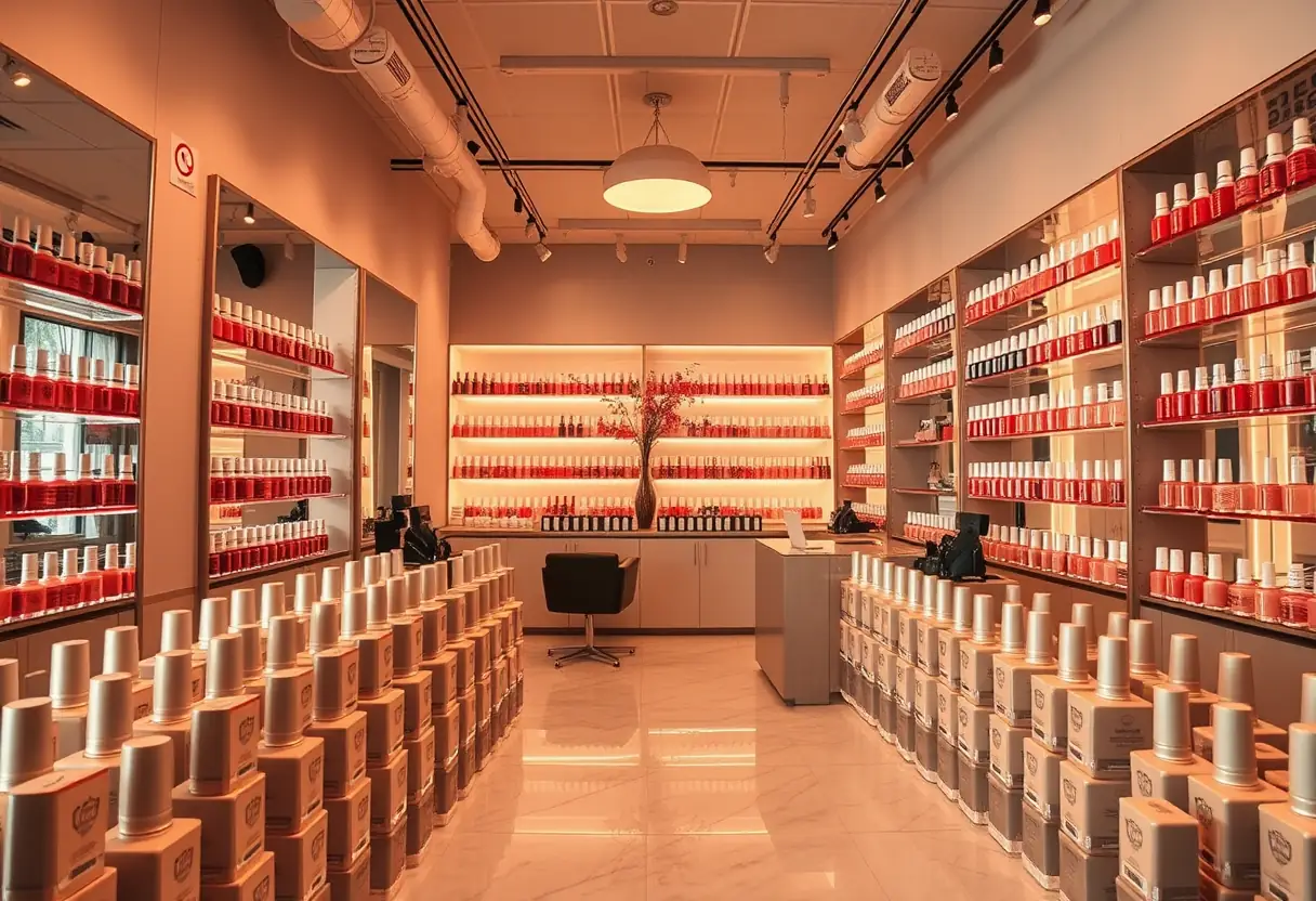 Bouteilles de vernis à ongles nudes alignées sur un comptoir d'accueil de salon