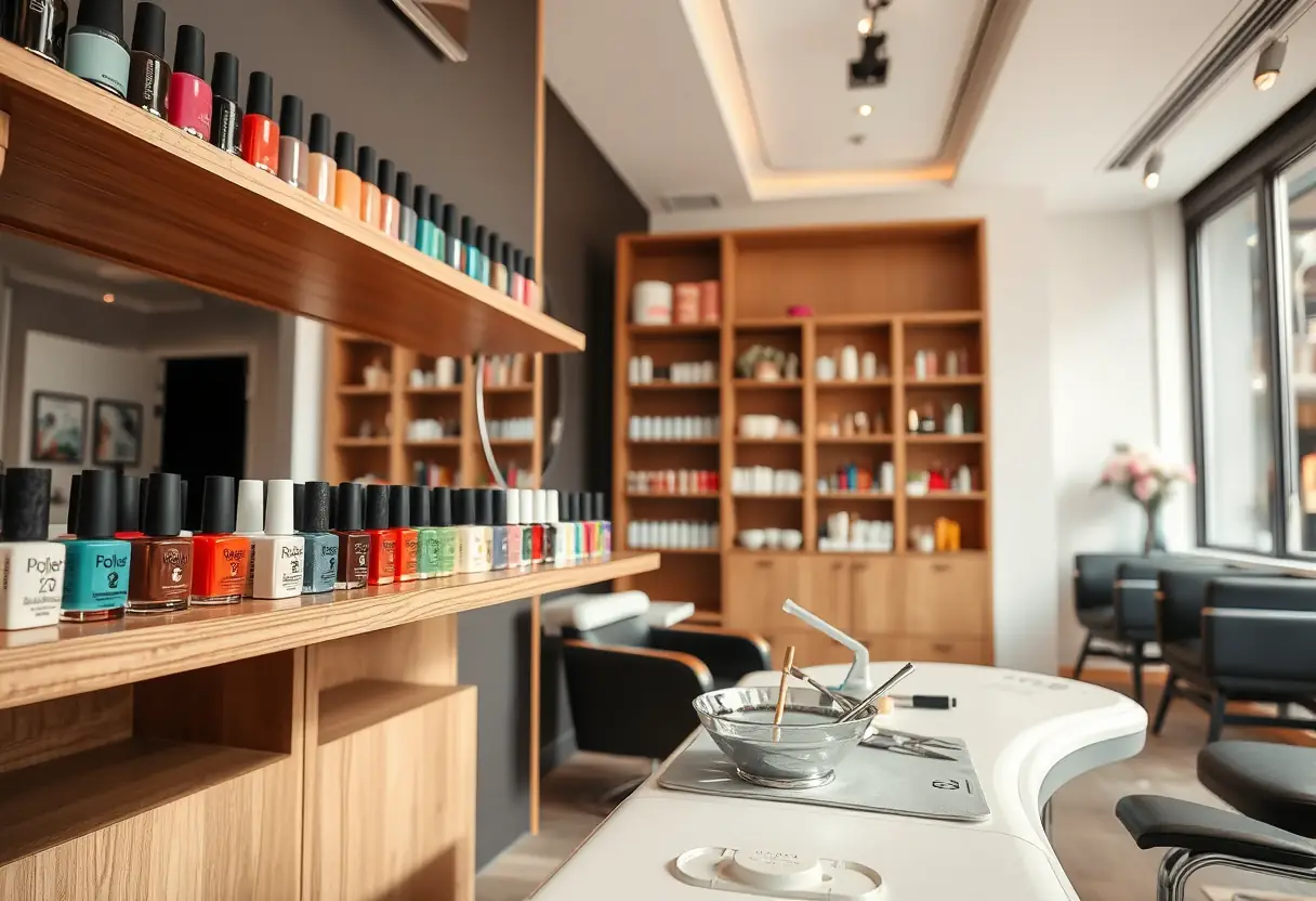Salon de beauté bien éclairé avec des bouteilles de vernis à ongles alignées sur une étagère en bois