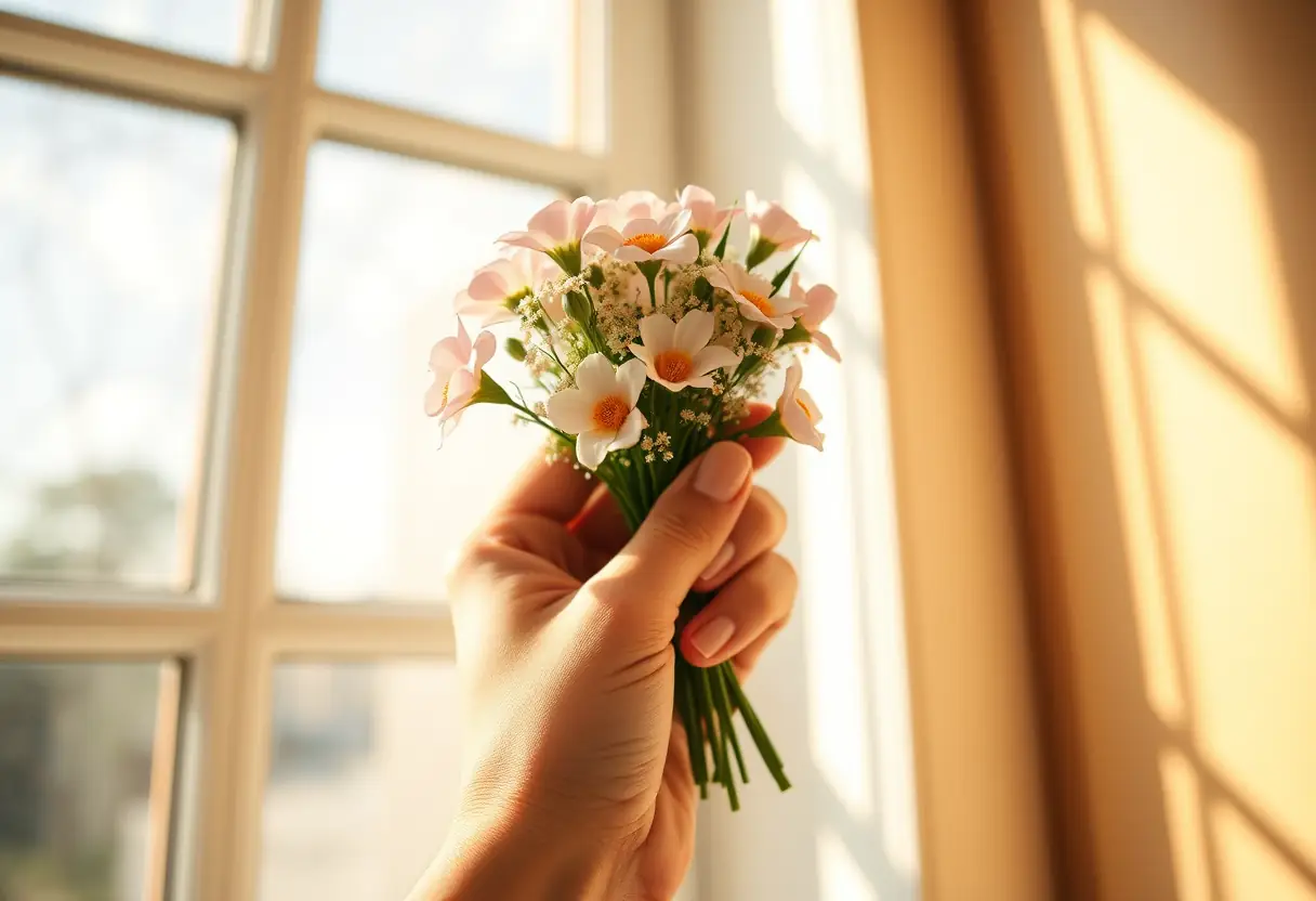 Main tenant un bouquet de fleurs, ongles parfaitement entretenus, Pont-Remy