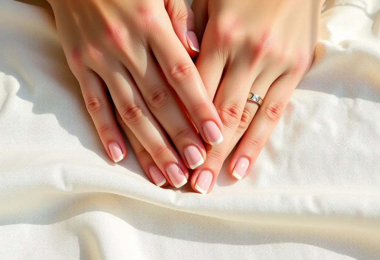 Les mains bien entretenues d'une mariée, avec des ongles élégants et bien vernis