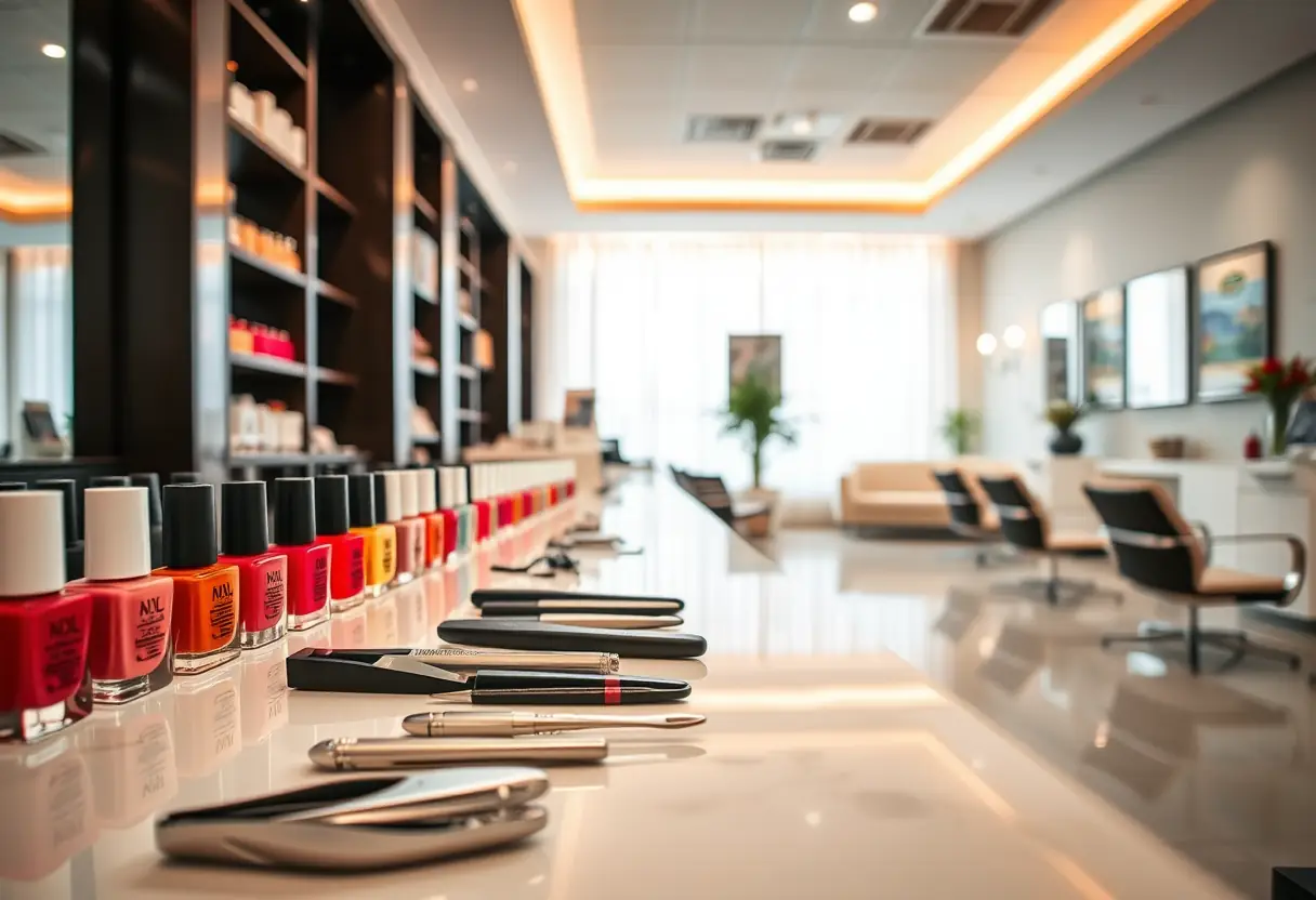 Un salon de manucure bien éclairé avec une grande variété de vernis à ongles