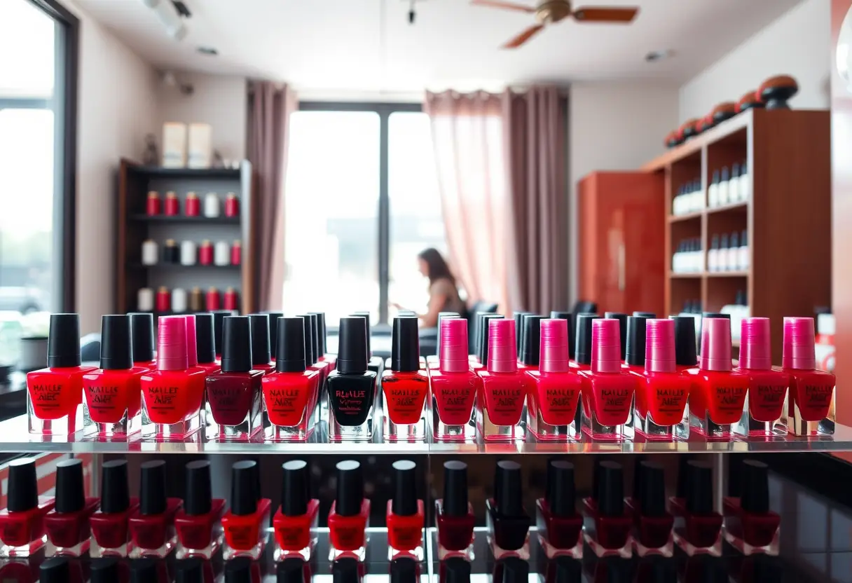 Polissages rouges disposés sur une étagère dans un salon de manucure