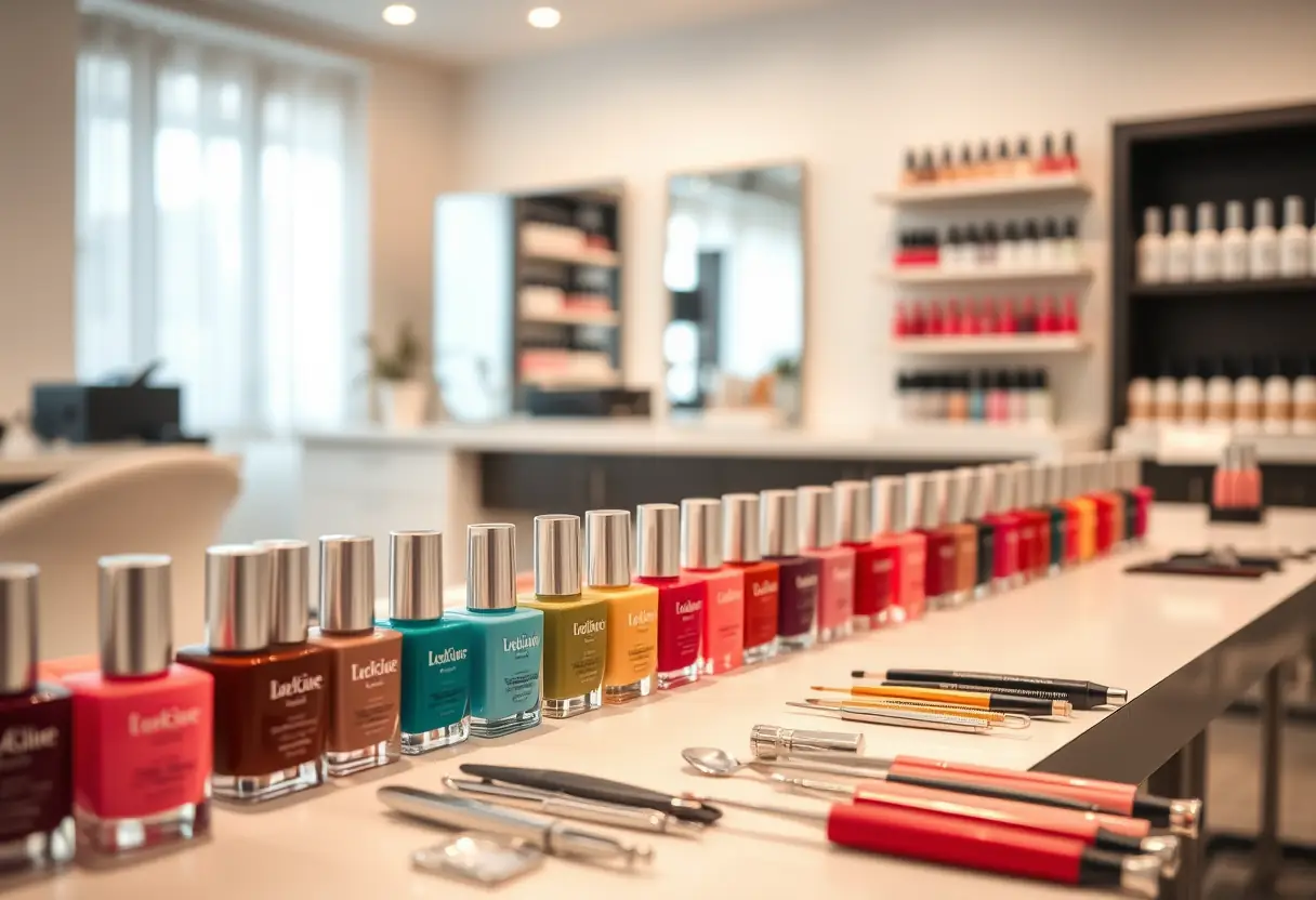 Outils de manucure et bouteilles de vernis dans un salon