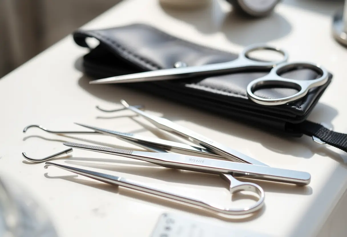 Ensemble d'outils de pédicure professionnels sur un comptoir propre, éclairés naturellement