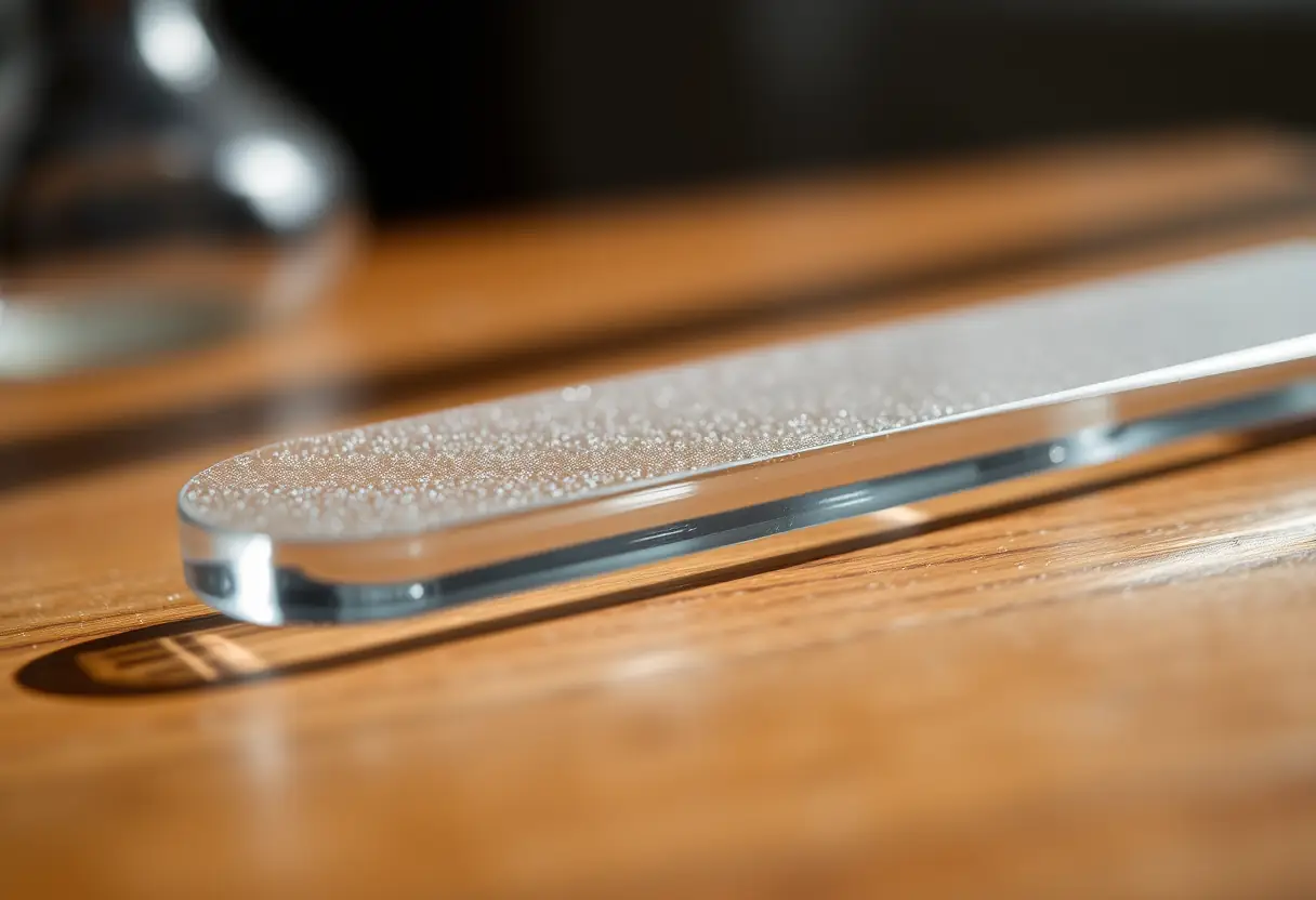 Fichier à ongles en verre sur une table en bois, texte alternatif en français