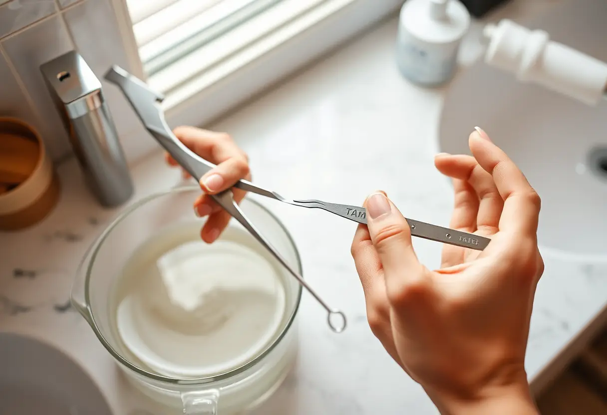 Mains en train de aiguiser un bouchon de cuticule en acier près d'un bol d'eau chaude, texte alternatif en français