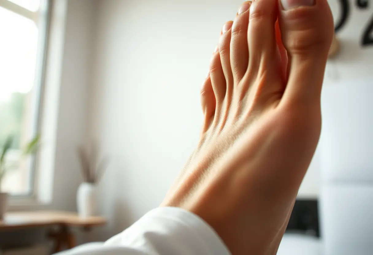 Examen attentif du pied par un pédicure-podologue, lumière naturelle mettant en valeur la peau et les ongles