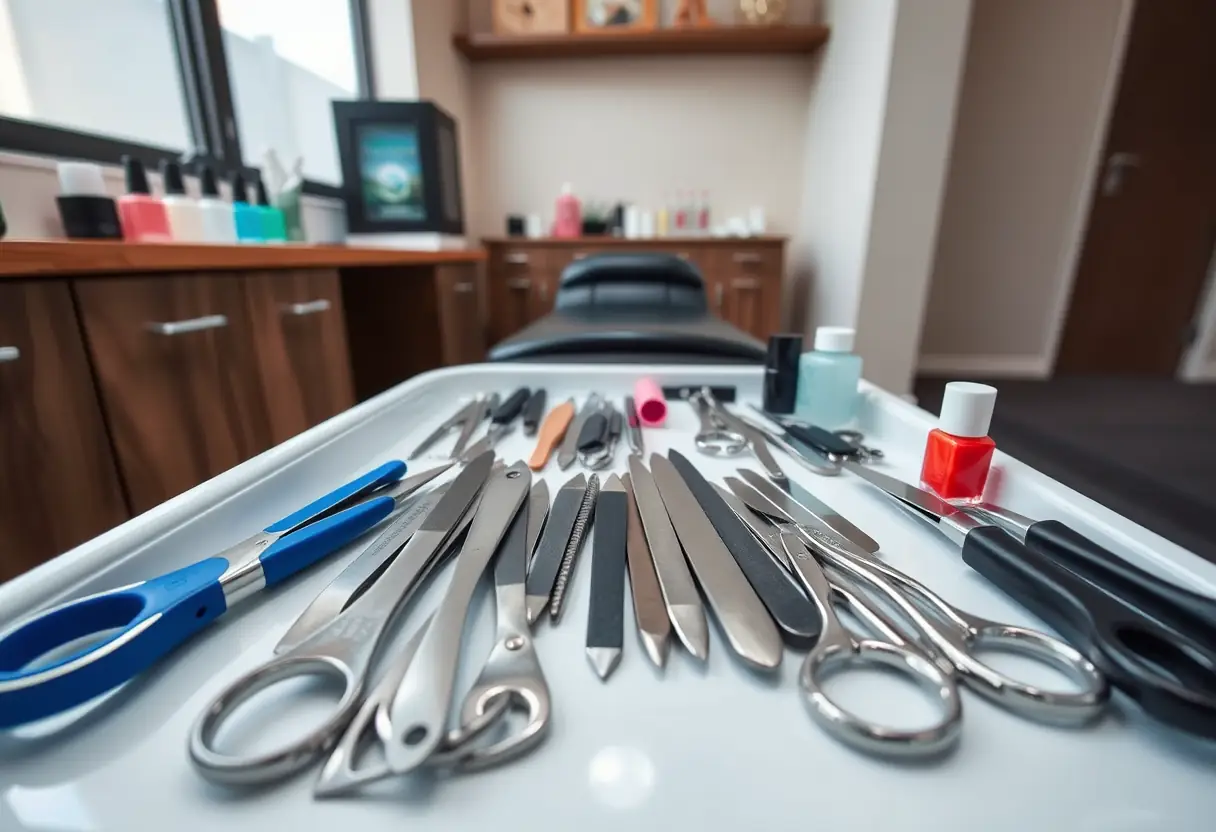 Outils de soin des pieds disposés dans une salle de traitement chez une prothésiste ongulaire