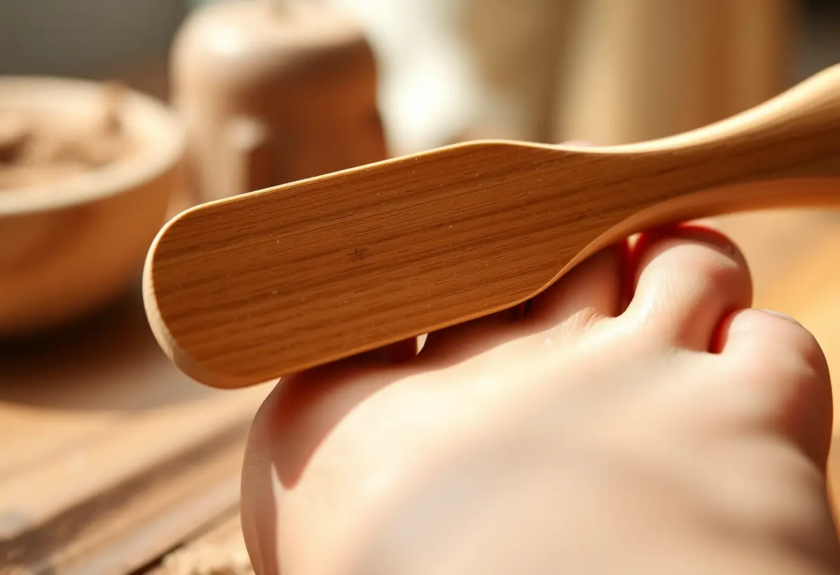 Un gant à pieds en bois lisse utilisé sur une peau douce