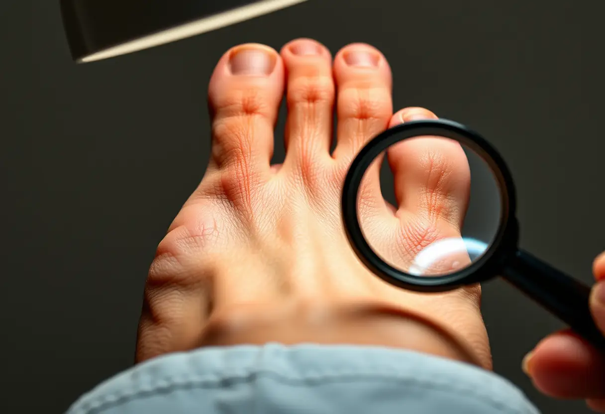 Pied examiné de près avec loupe, pédicure médicale