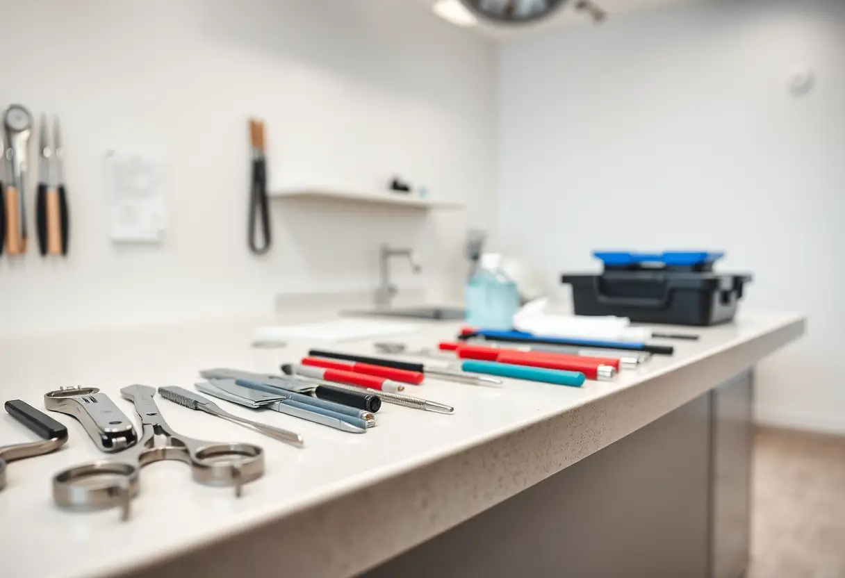 Outils bien rangés sur comptoir, pédicure médicale