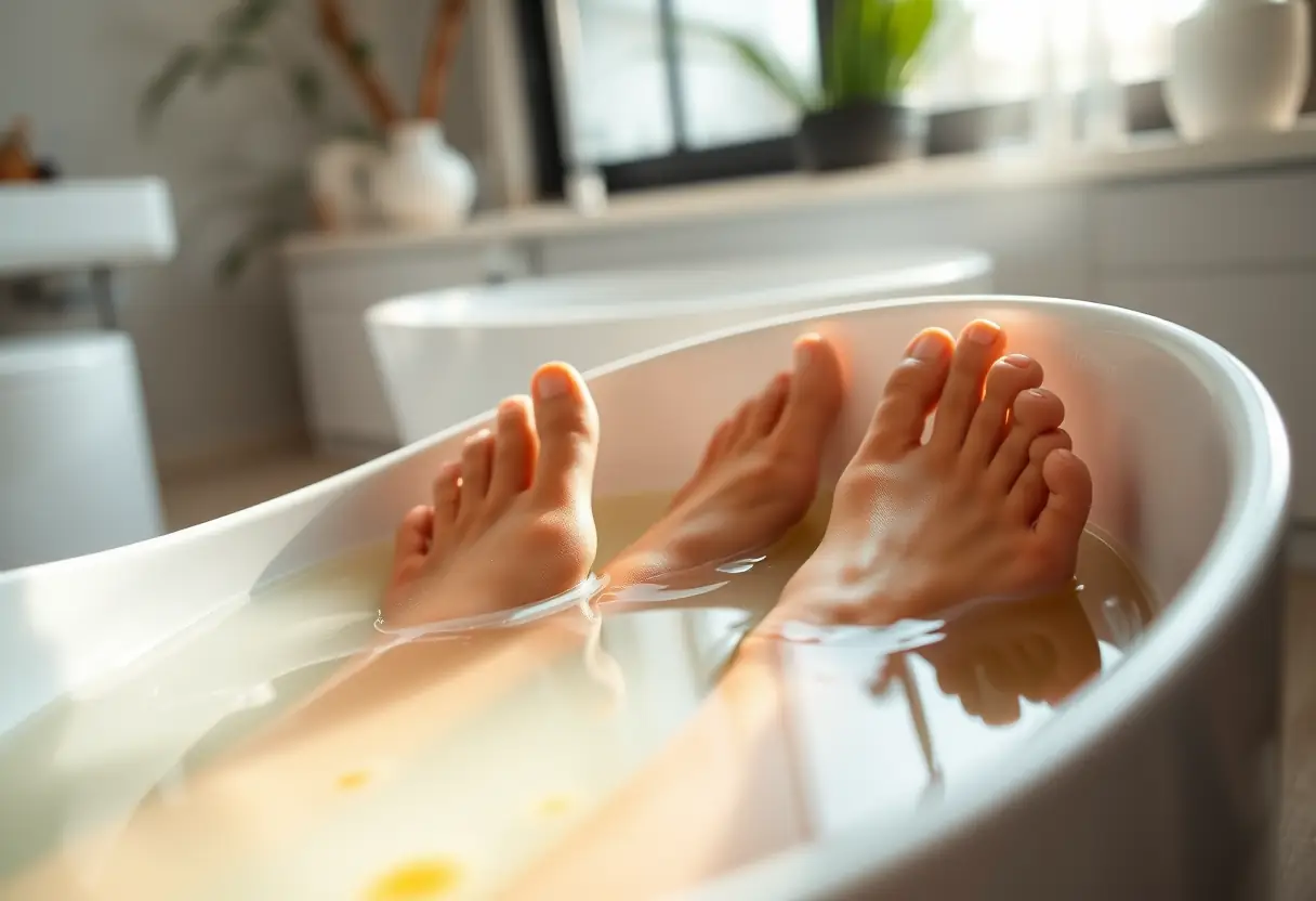Pieds calleux dans un bain d'huiles parfumées au salon de pédicure, lumière naturelle