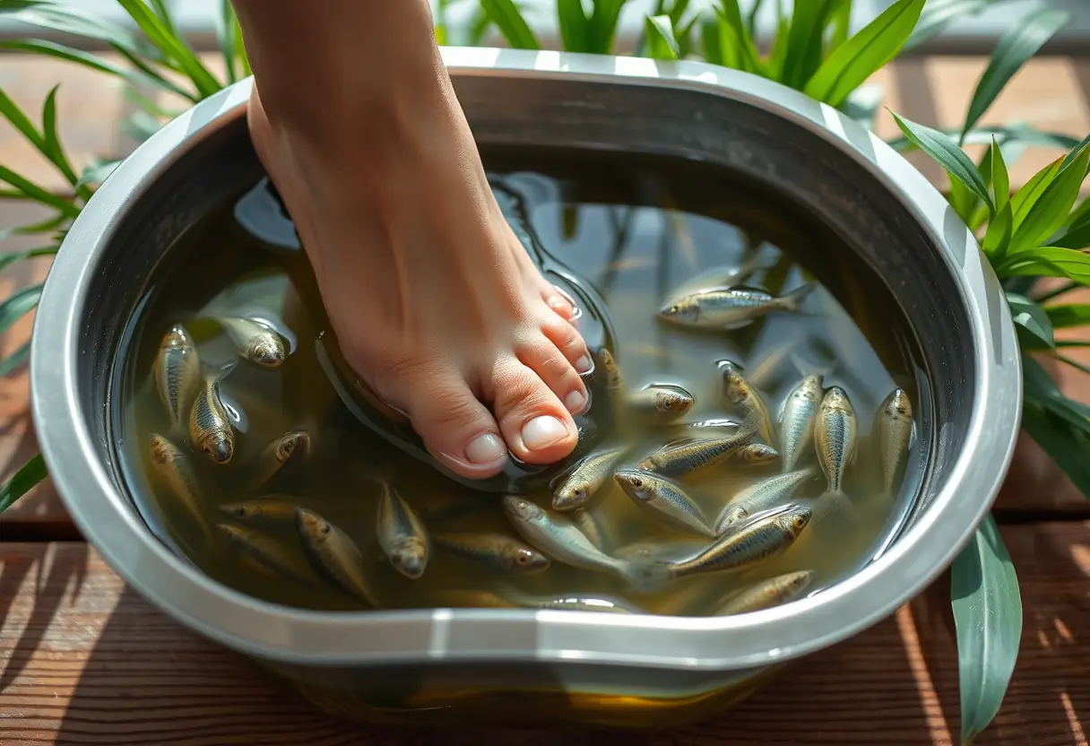 Pied plongé dans un bain avec des petits poissons, près de plantes vertes, éclairé naturellement