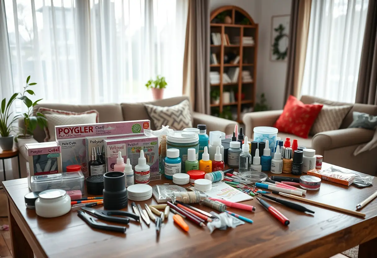 Table avec divers kits de polygel et outils pour la création d'œuvres d'art sur les ongles