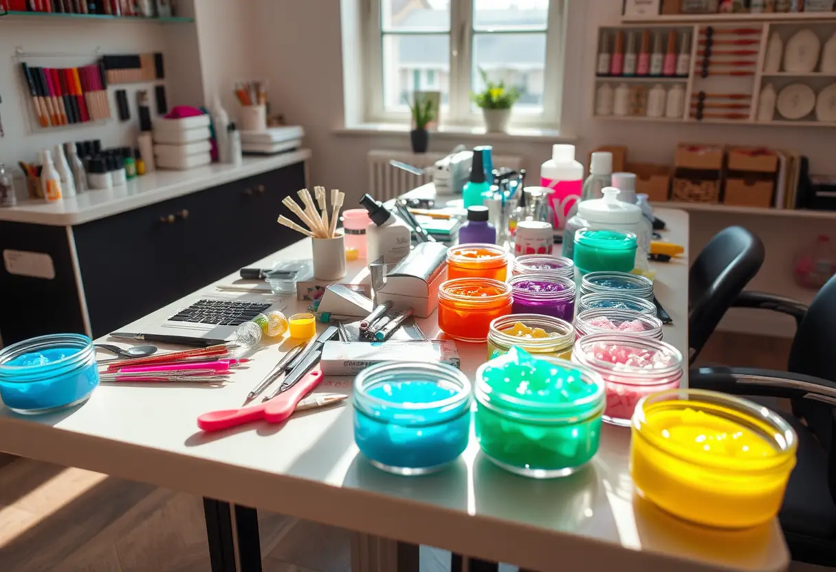 Tableau bien rangé dans un salon d'esthétisme avec outils et contenants de polygel, Pont-Remy