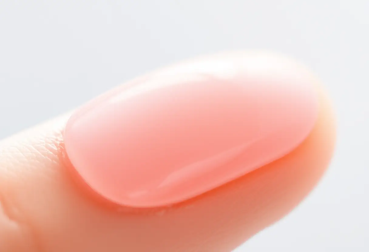 Vue rapprochée d'un ongle en polygel poli, lisse et naturel, reflétant la lumière subtilement