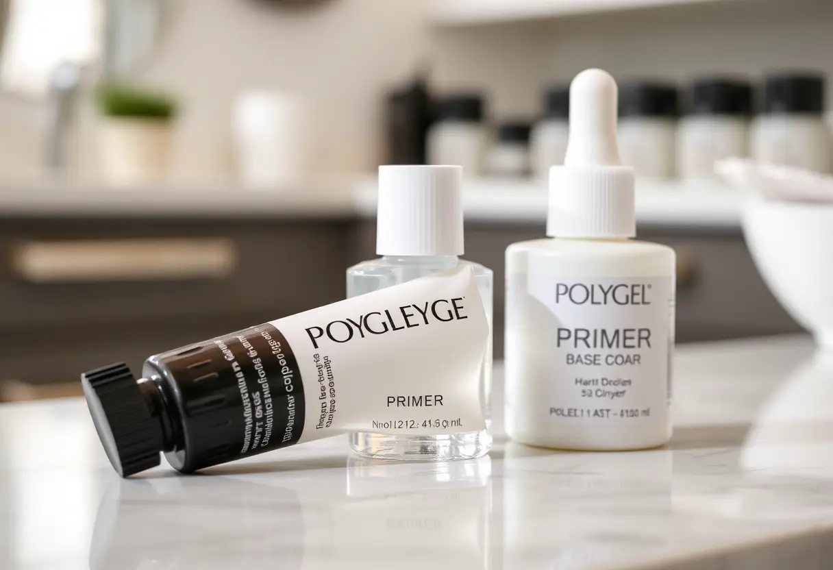Un flacon de primer, un tube de polygel et un conteneur de base coat alignés sur un comptoir de salon, guide complet pour des ongles pros