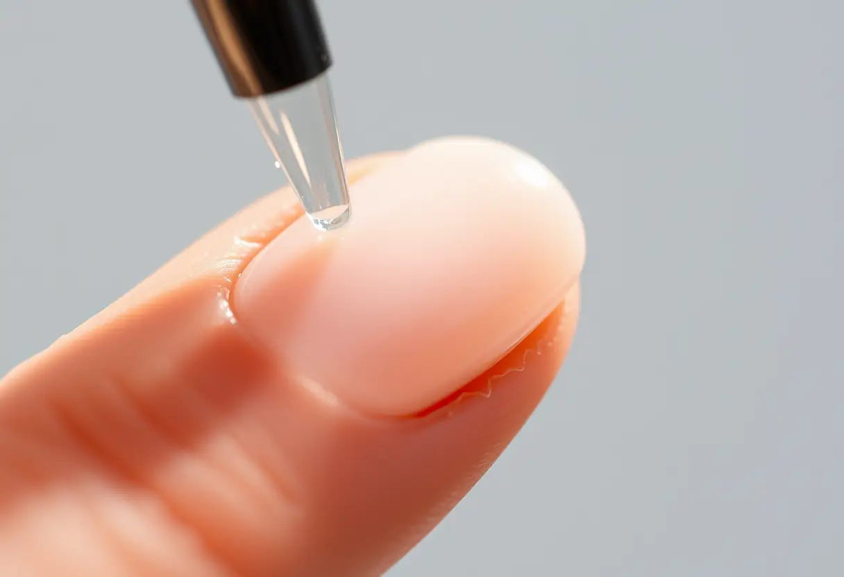 Un plan rapproché montre du polygel lissé sur une extension d'ongle, mettant en valeur sa texture lisse