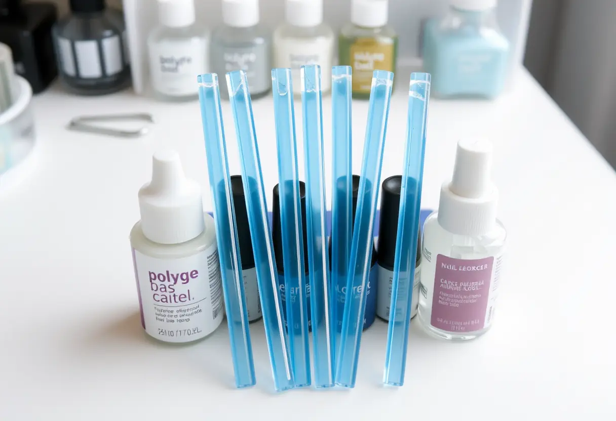 Polygel et accessoires de manucure sur un bureau bien rangé