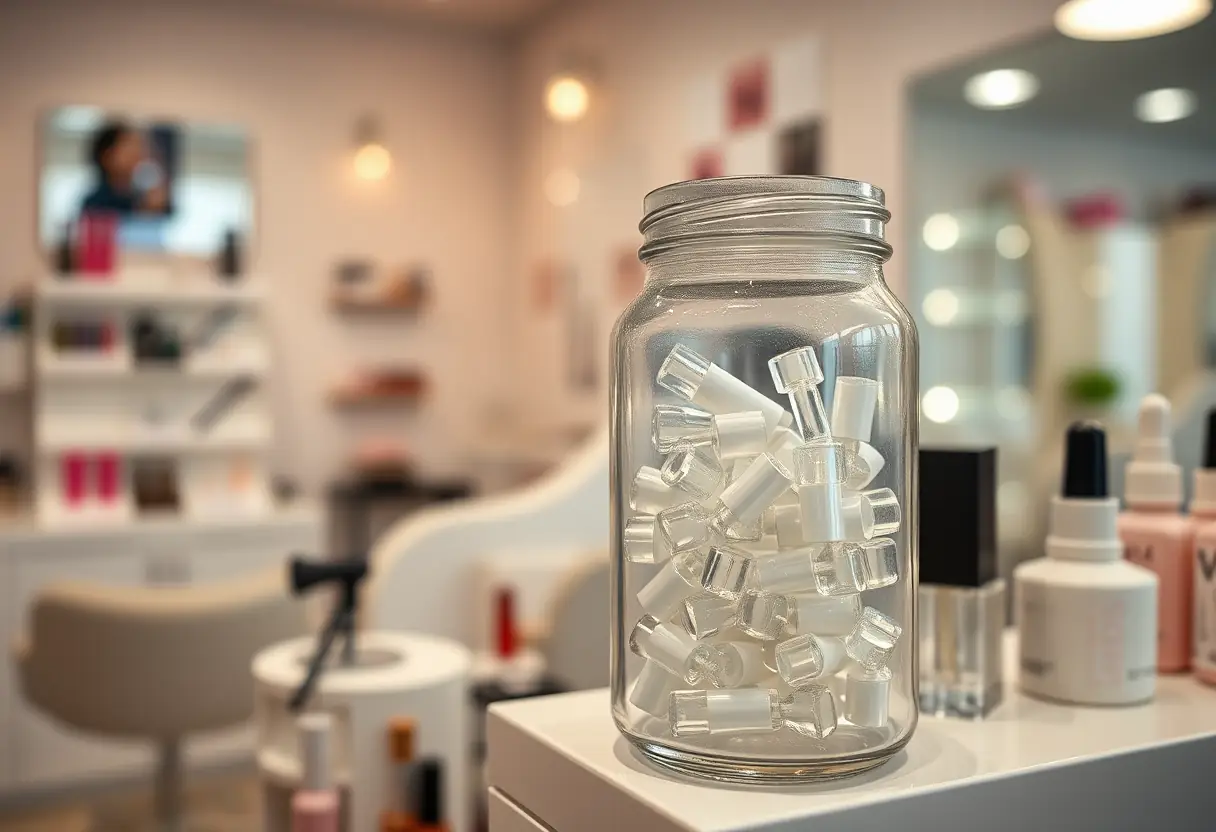 Pot de petits bocaux de gel transparent dans un salon de manucure