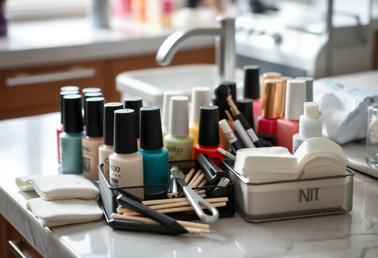Outil de manucure sur un comptoir de salon, éclairé naturellement