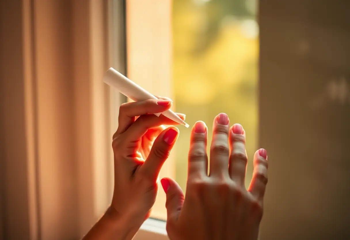Main appliquant une couche de top coat sur des ongles récemment peints