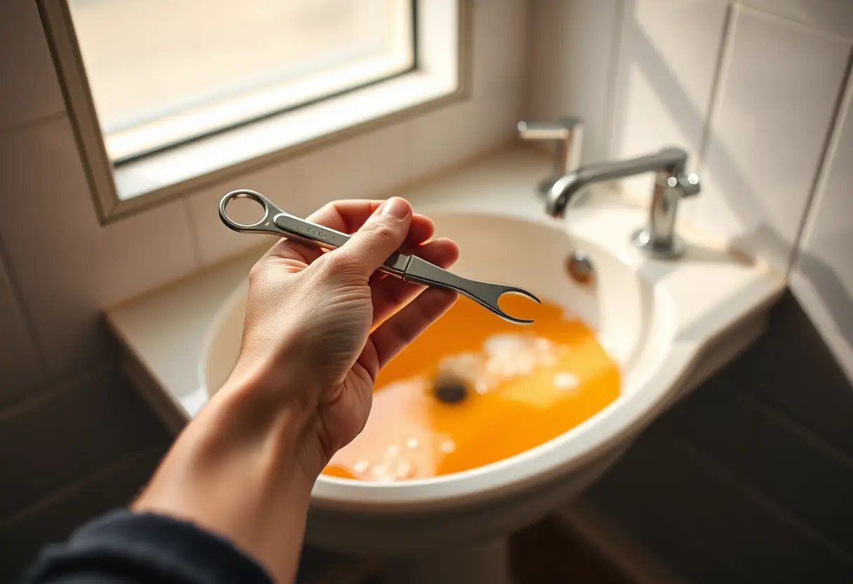 Une main tenant un outil métallique pour repousser les cuticules au-dessus d'un lavabo rempli d'eau tiède savonneuse