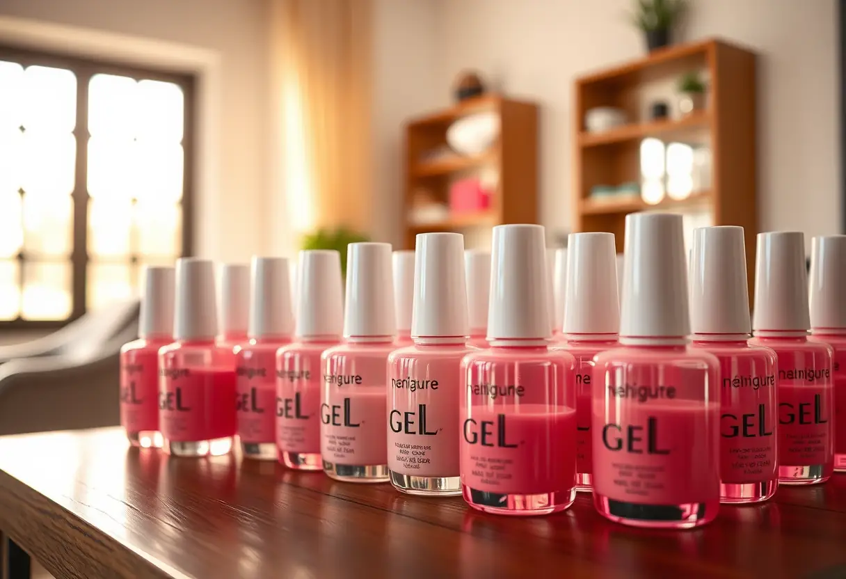 Bouteilles de polish posées sur un bureau bien éclairé dans un salon d'ongles