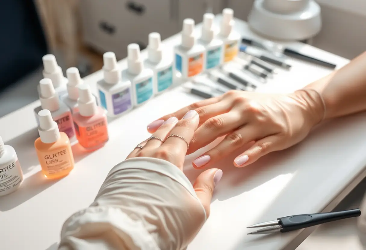 Main du technicienne posant délicatement une capsule sur un ongle existant, outils de manucure en arrière-plan