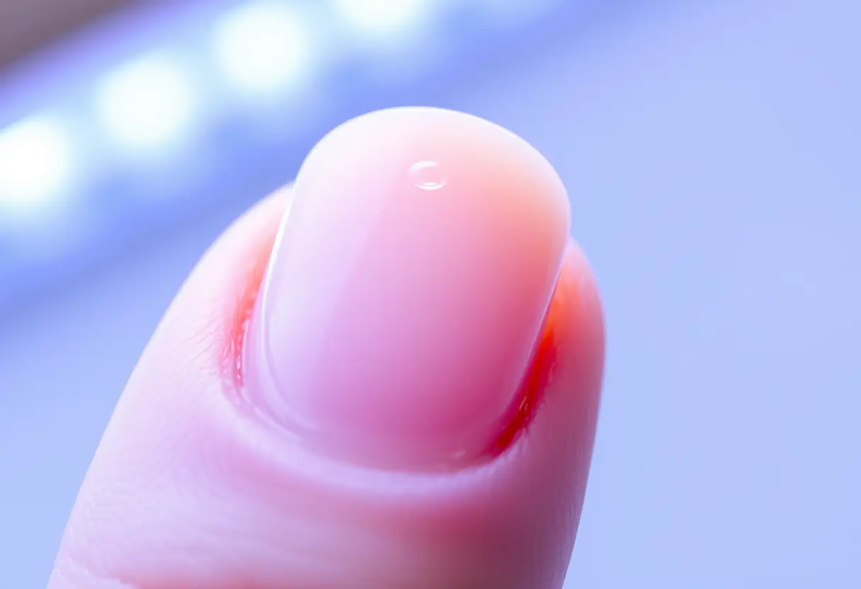 Aplat d'un ongle gélifié sous lampe UV, finition brillante et robuste