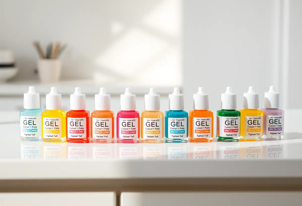 Bouteilles de gel coloré sur un comptoir blanc dans un salon de manucure