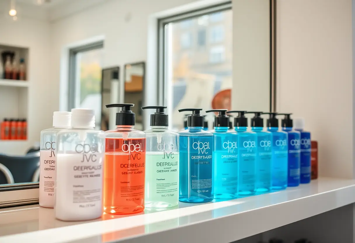 Flacon de gel alignés sur une étagère de salon, lumière naturelle, pose d'ongles en gel