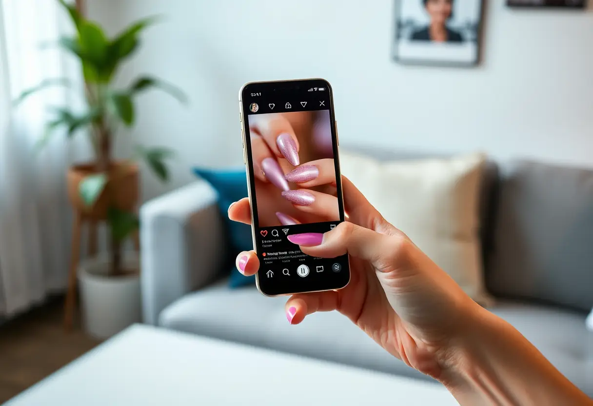 Main tenant un téléphone intelligent affichant des ongles gélifiés détaillés sur les réseaux sociaux
